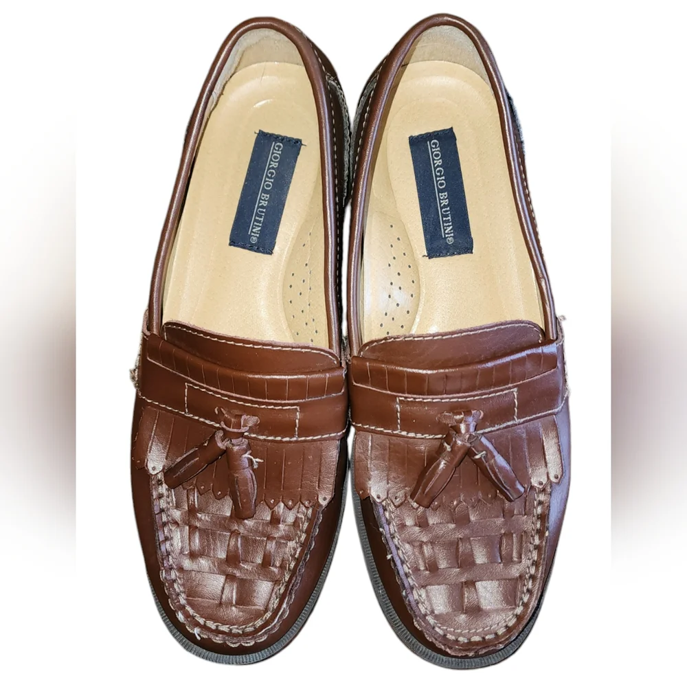 Giorgio Brutini Mens Sz 8.5 Brown Leather Woven Slip On Tassel Loafers Shoes